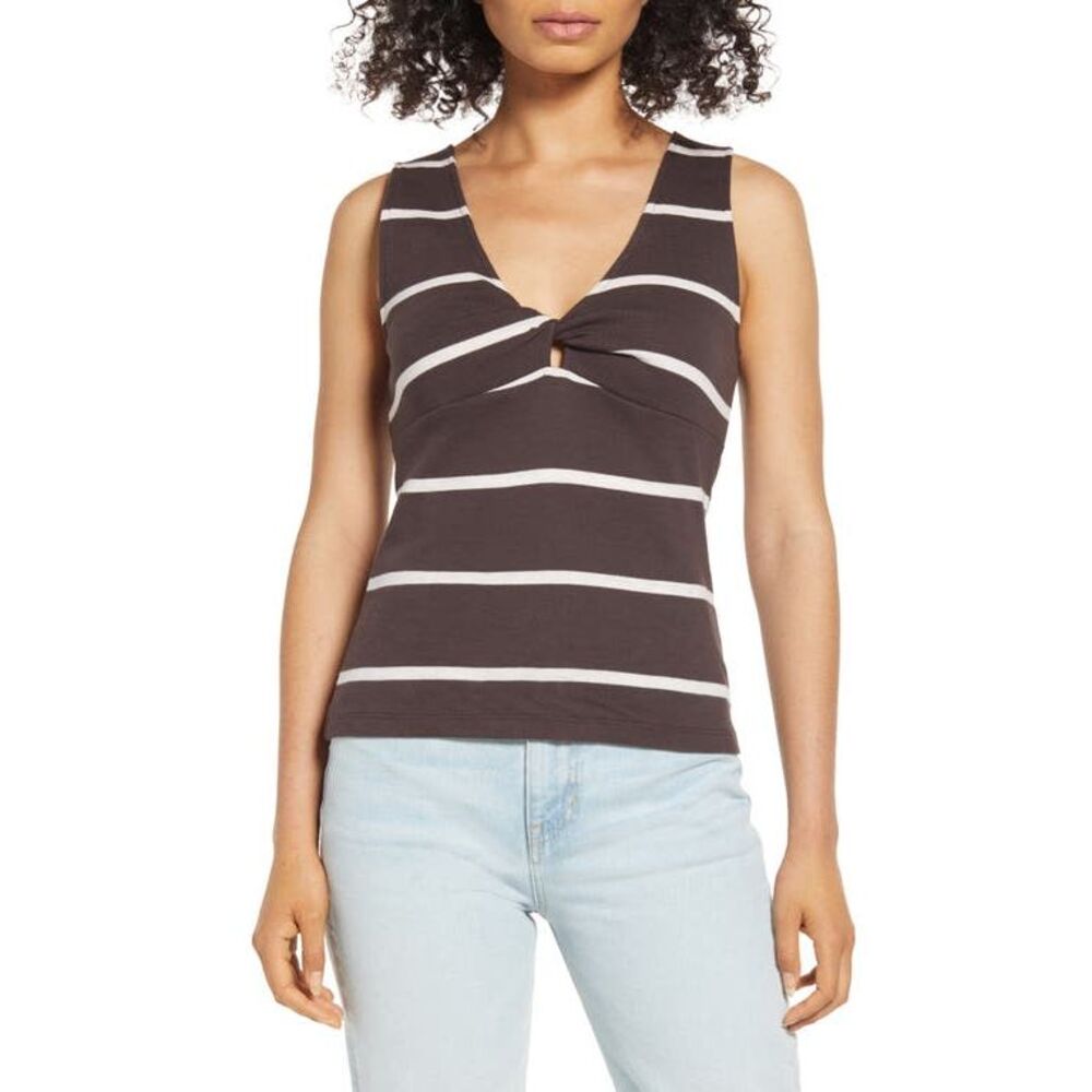 Sanctuary Striped Twist Front Tank Top In Chocolate - M